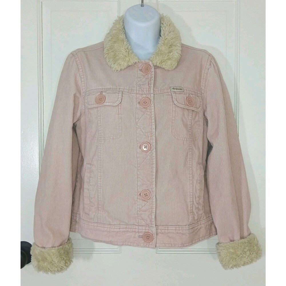 Vintage Y2K Aeropostale Jacket Women/Junior Pink Corduroy Faux Fur Collar Lined